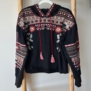 ZARA BBWM Woman Cotton Black Floral Embroidered Beaded Aztec Hoodie Sweatshirt S
